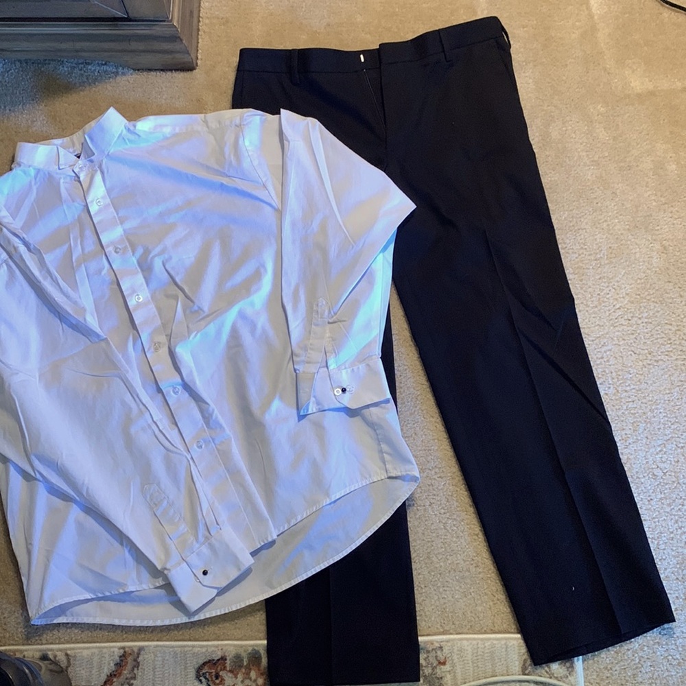 Mens tux pants and button down shirt.